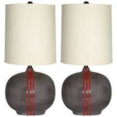 Extraordinary Pair of Mid-Century Pottery Lamps with Amorphous Design