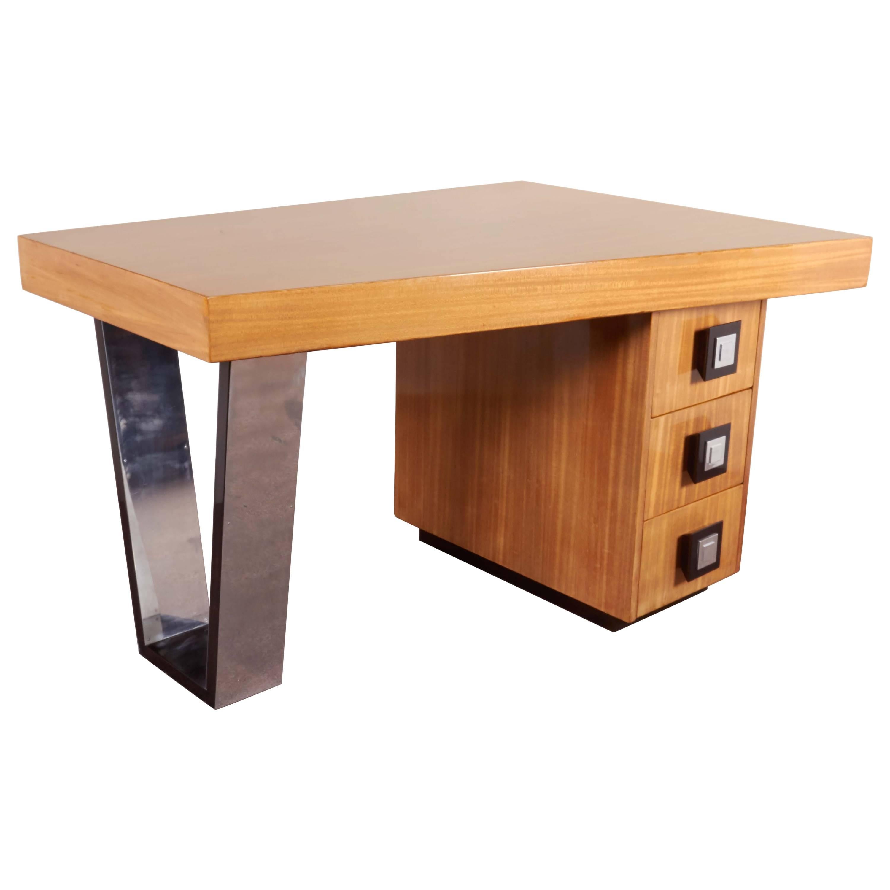Modernist Blonde Mahogany Asymmetrical Partners Desk with Nickeled Detail