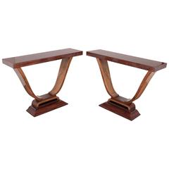 Pair of French Art Deco Figured Walnut Console Tables