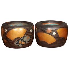 Vintage Pair of Wood Hibachis with Decorative Inlays