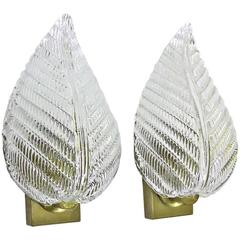 Pair of Barovier Murano Italian Clear Glass Leaf Wall Sconces 1