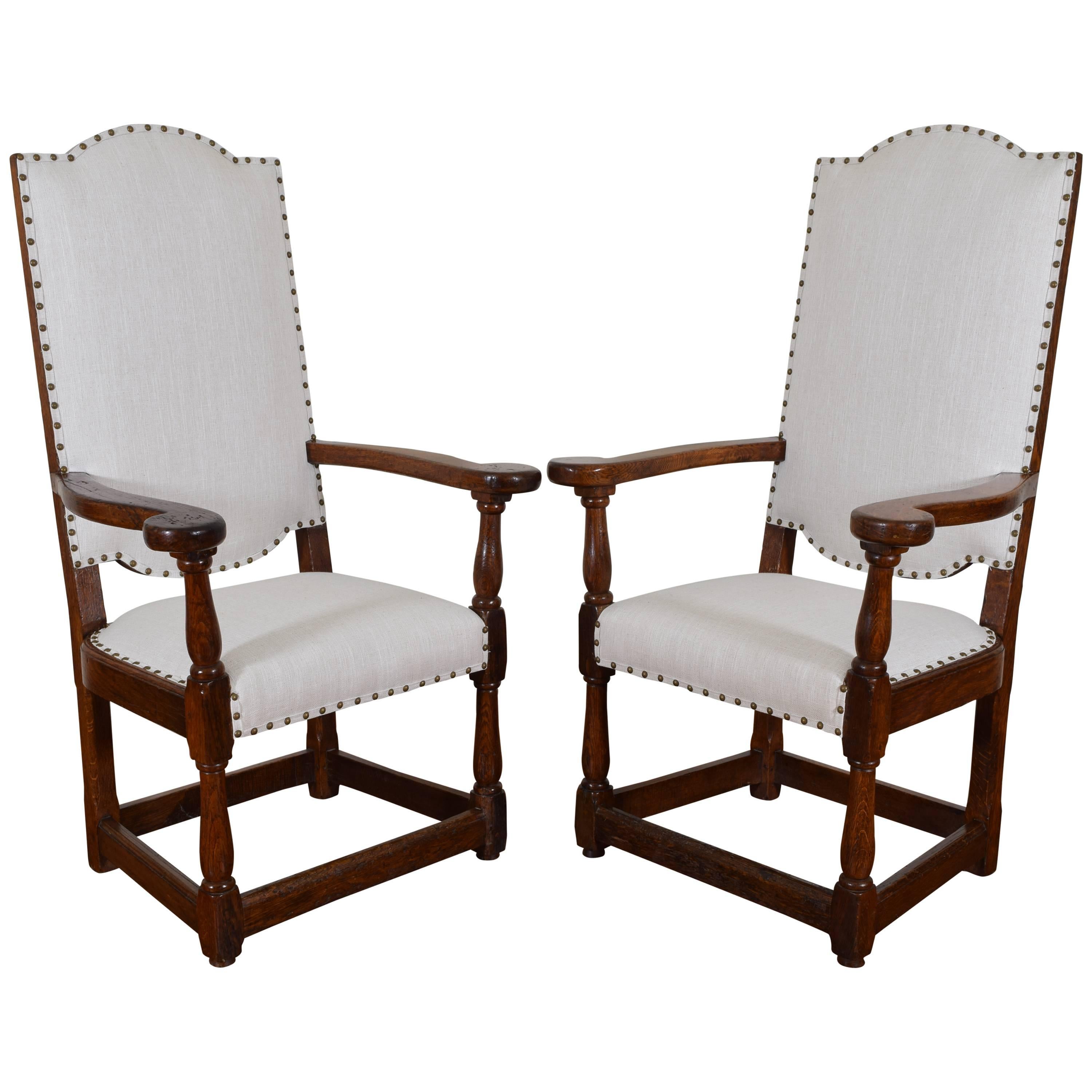 Pair of French Renaissance Style Elmwood Caquetoire Fauteuils, Mid-19th Century