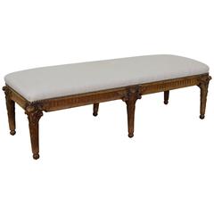 Italian Louis XVI Style Carved Pinewood and Upholstered Bench, 19th Century