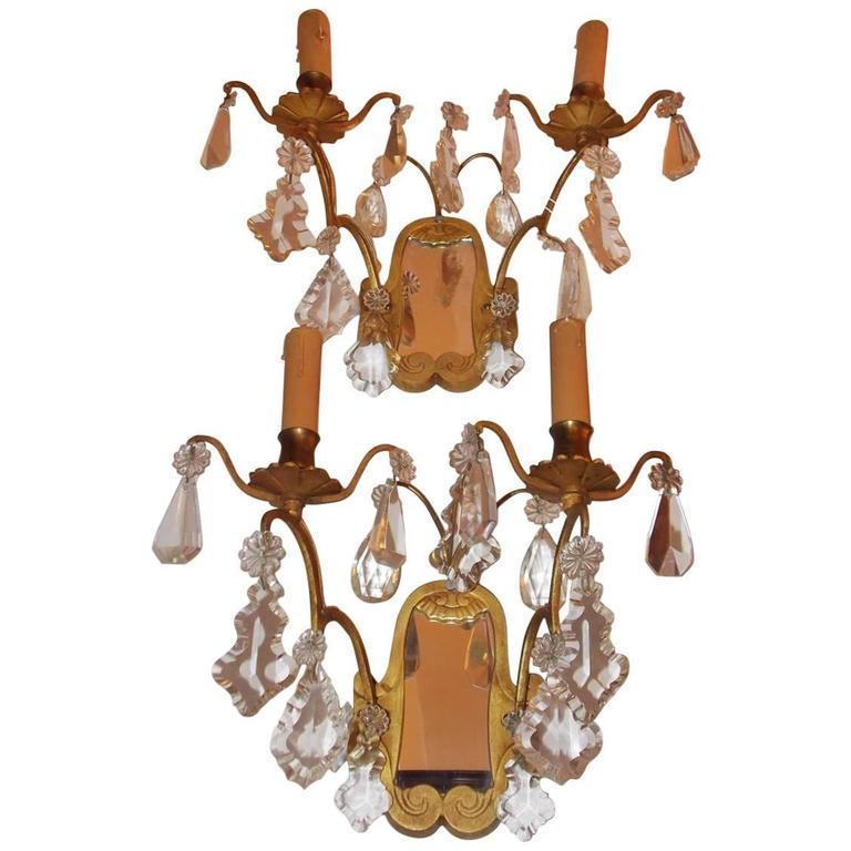 Pair of French Gilt Bronze and Crystal Mirrored Wall Sconces, Circa
