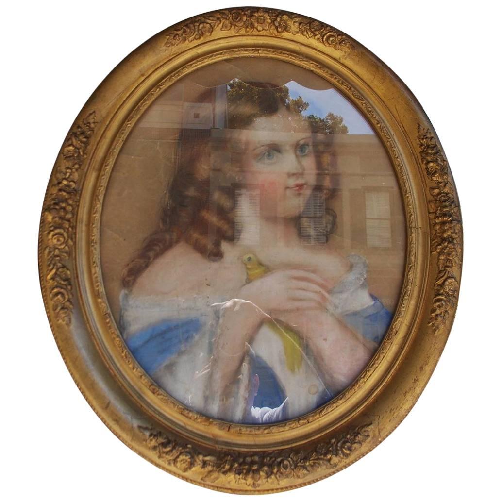 American Oval Pastel of Young Lady Grasping Dove, Cola, SC. Circa 1865