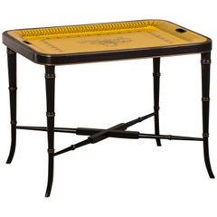 French Painted Tôle Tray on a Faux Bamboo Custom Stand France circa 1880
