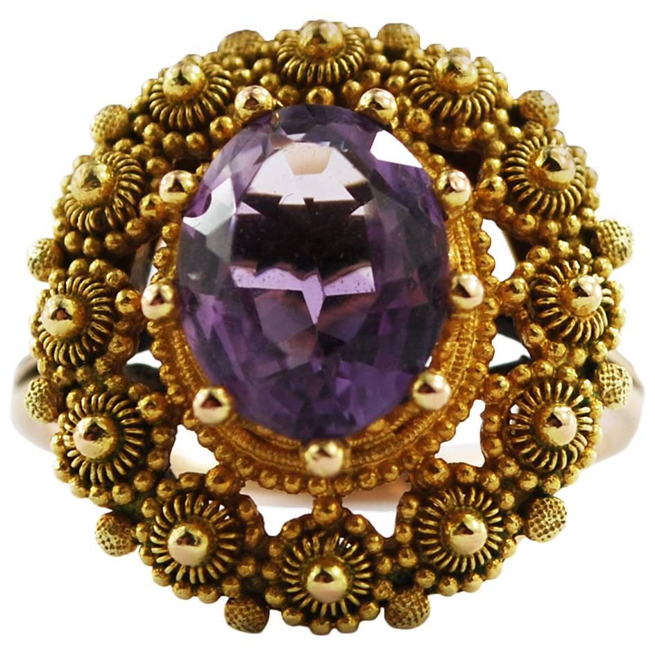 Rare Georgian Antique Gold Amethyst Ring Cannetille, circa 1830