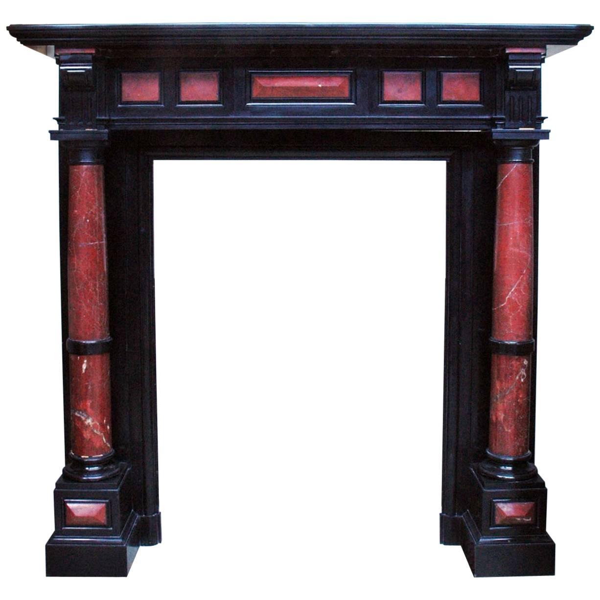 Napoleon III Style Fireplace with Columns, Black Belgian Marble and Red Marble For Sale