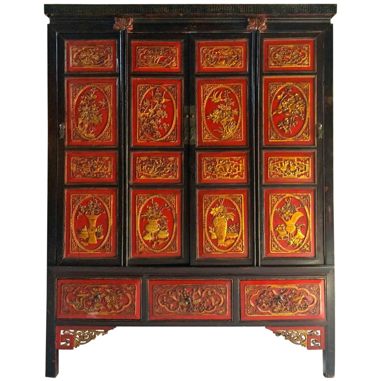 Antique Chinoiserie Wardrobe Armoire Lacquered Oriental Chinese Four Door