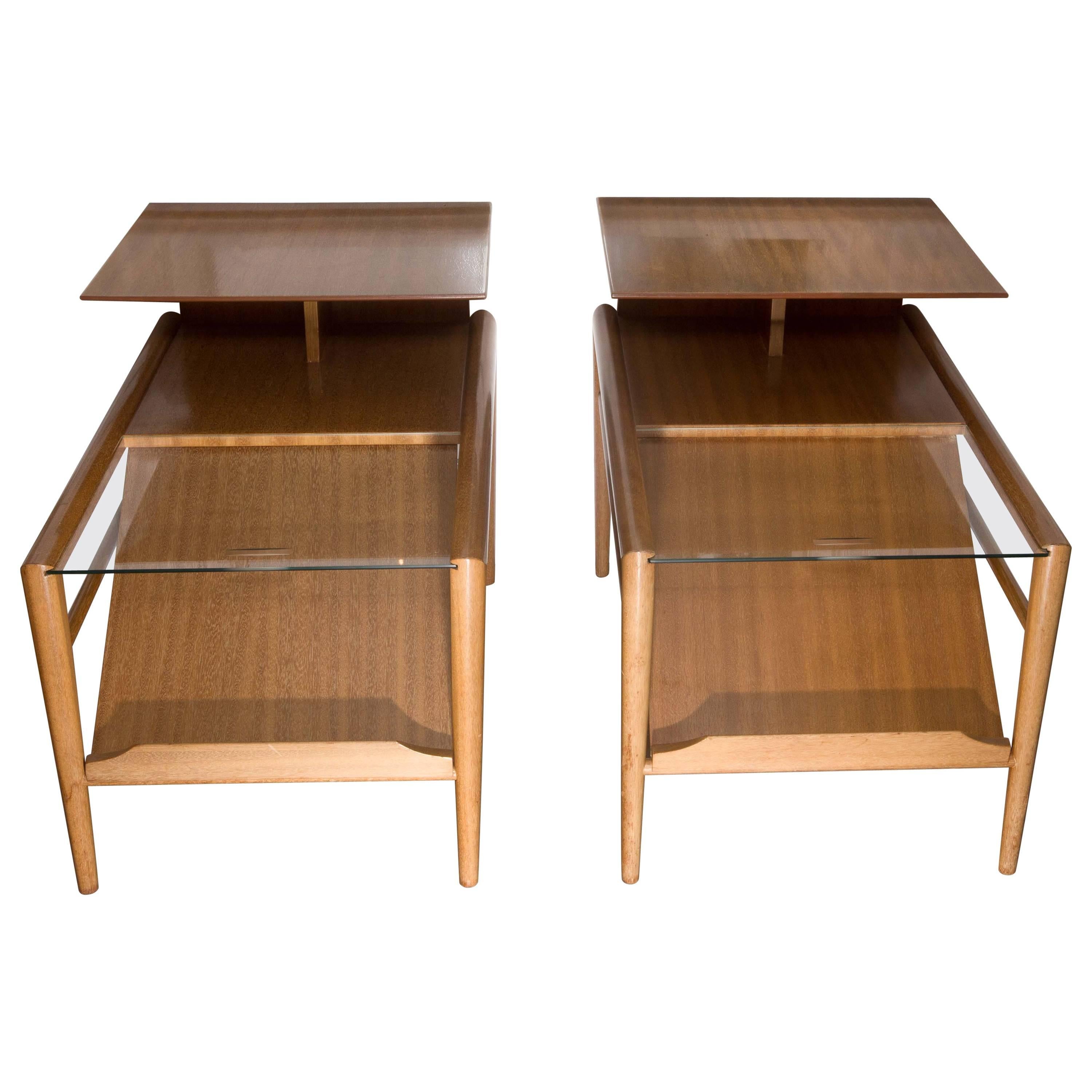 Pair of Step End Wood Tables with Sliding Glass Feature by Saltman