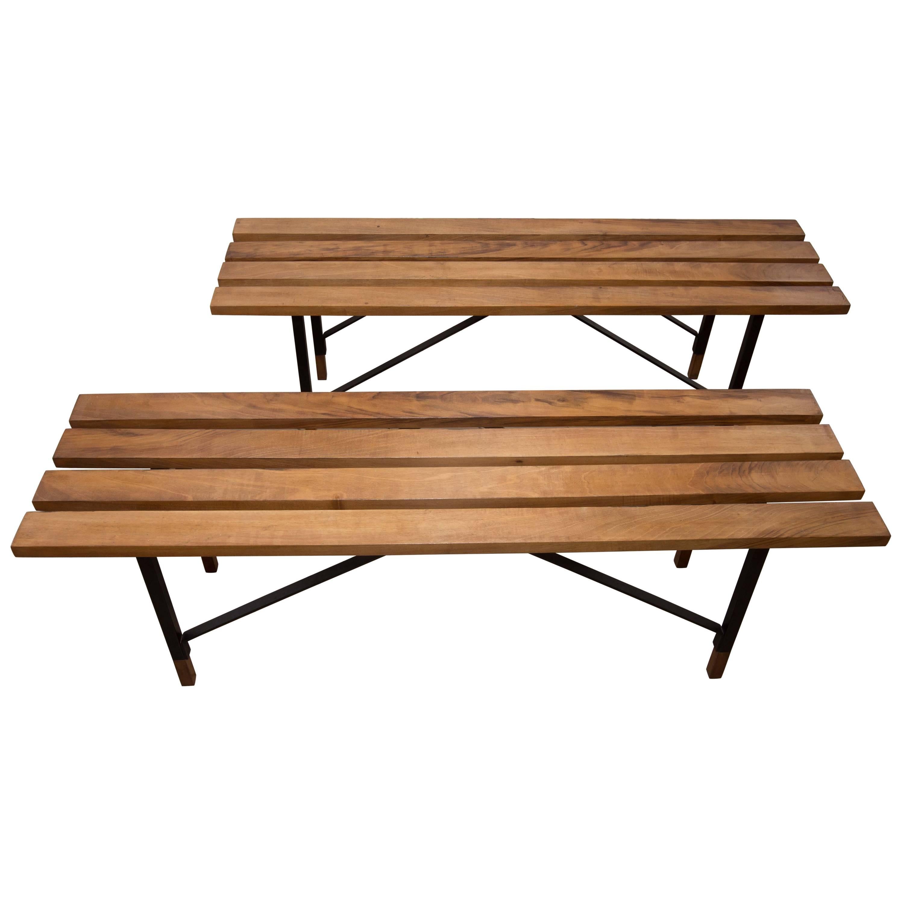 Wood Slat Bench with Black Metal Cross Bar Base and Wood Feet