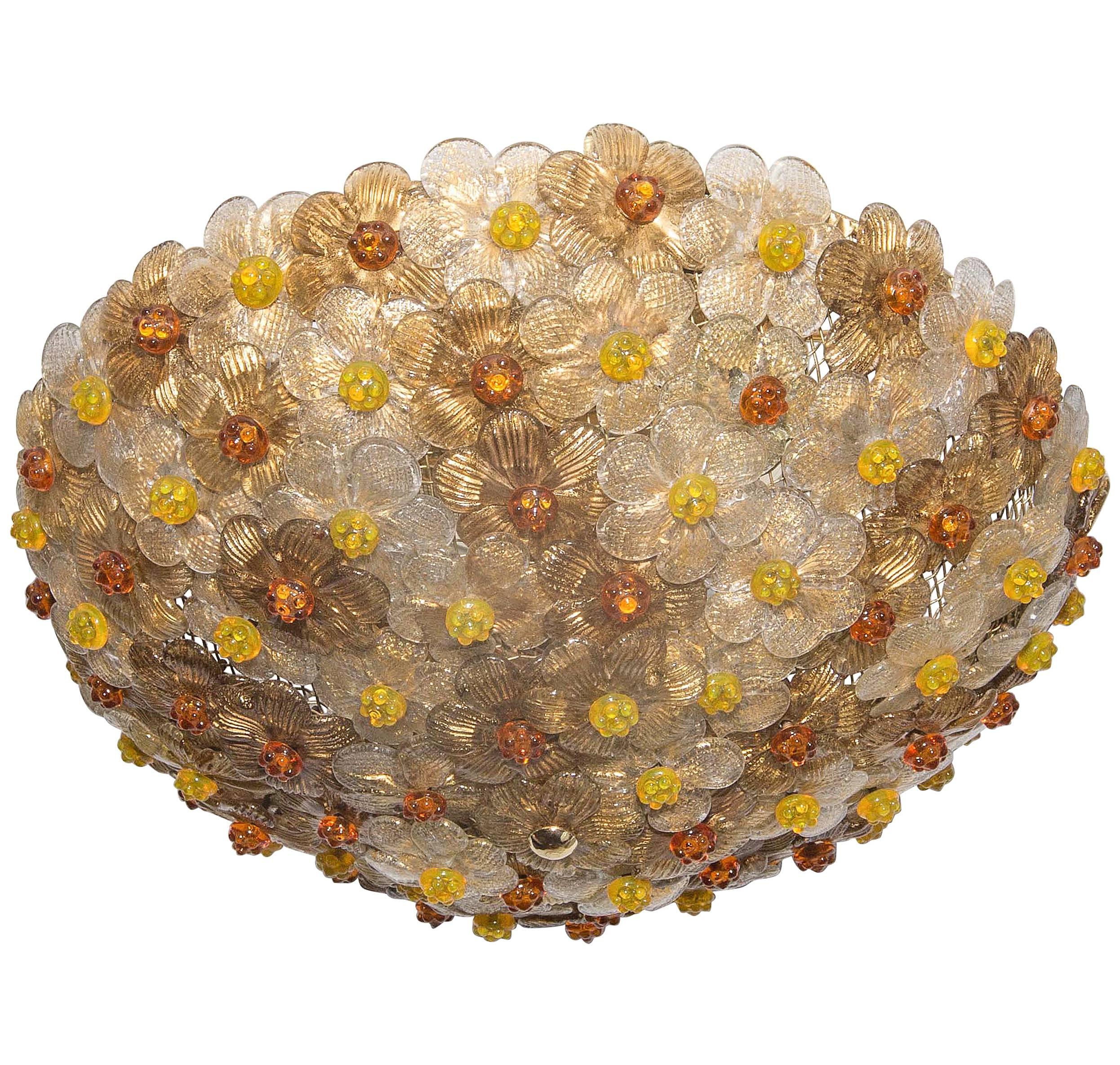 Dome Form Flush Mount Composed of Multiple Amber and Gold Glass Flowers