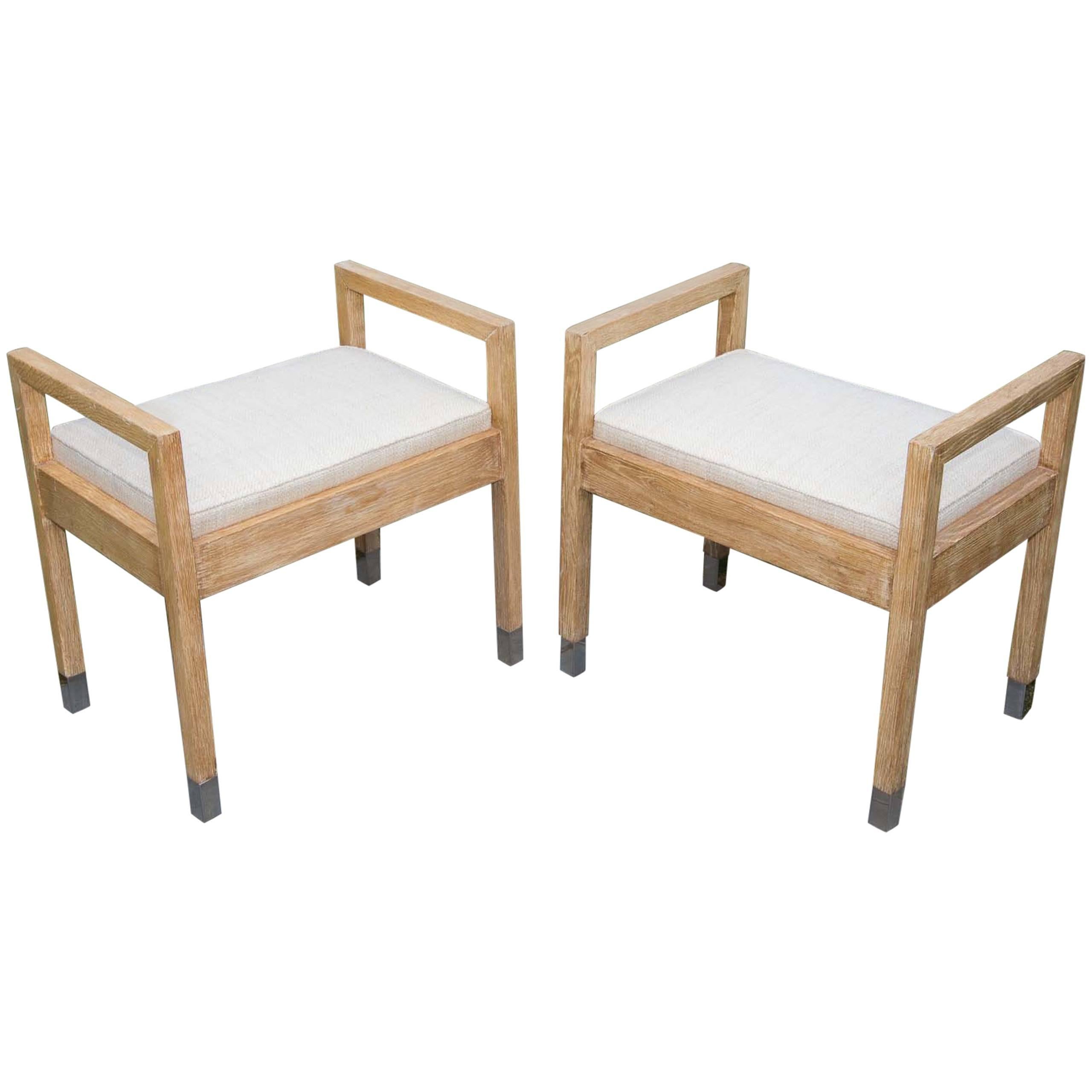 Pair of Upholstered Wood Benches with Chrome Tip Legs