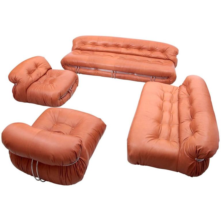 New Upholstered Huge Afra & Tobia Scarpa Soriana Set in Tan Leather by Cassina