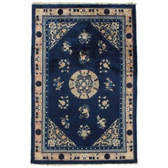 Antique Peking Chinese Rug, Handmade Oriental Rug, Blue, Ivory, Peach, Navy