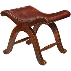 19th Century French Walnut Stool with Original Brown Leather and Nailheads