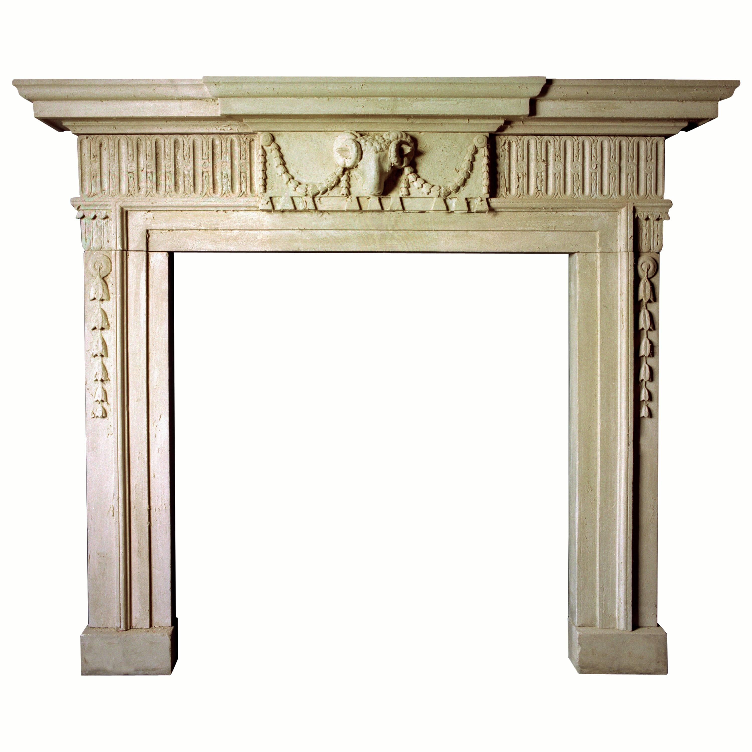 18th Century Reproduction Mantel with Ram's Mask Carved in Portland Limestone