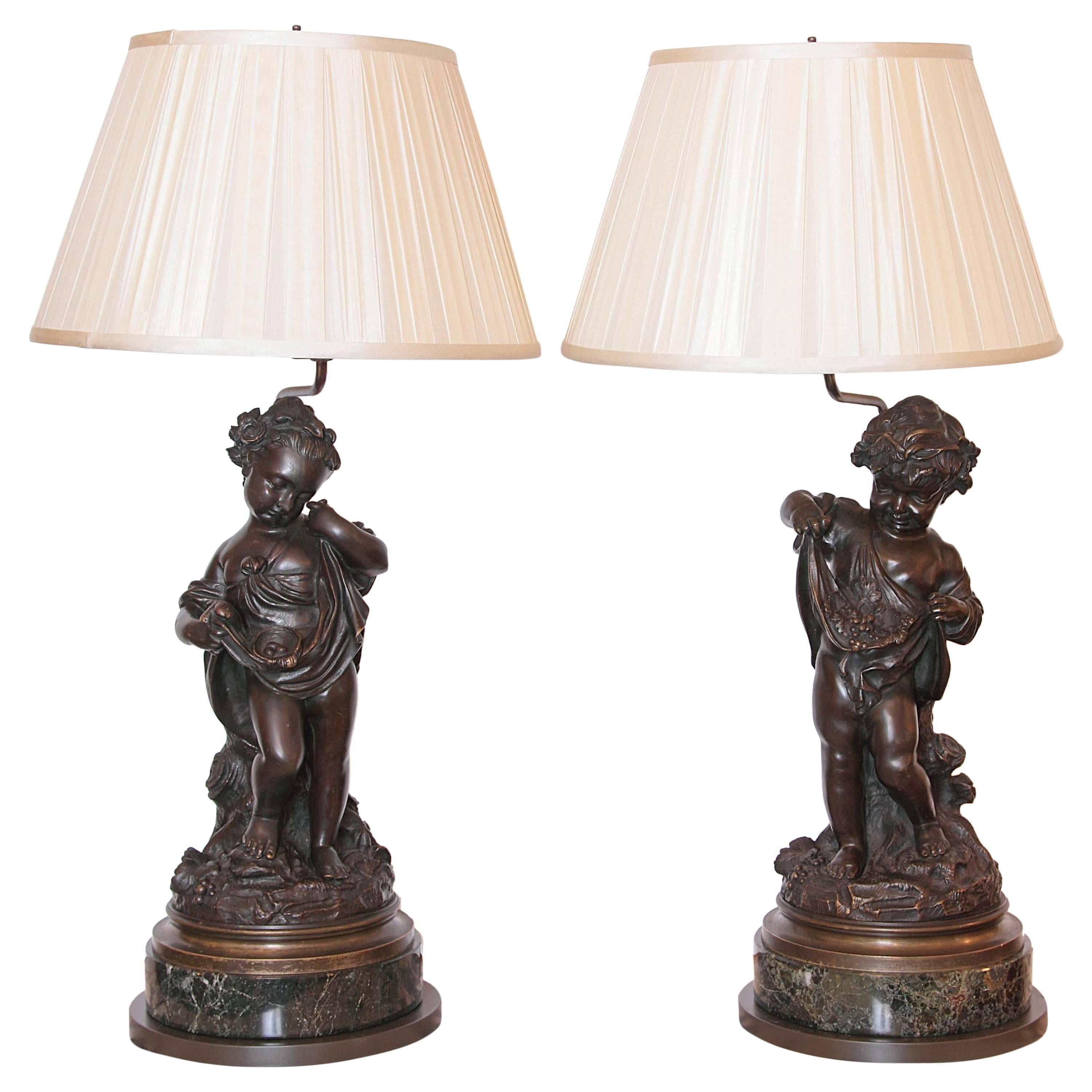 Pair of 19th Century French Patinated Bronze Figures of Cherubs Made into Lamps