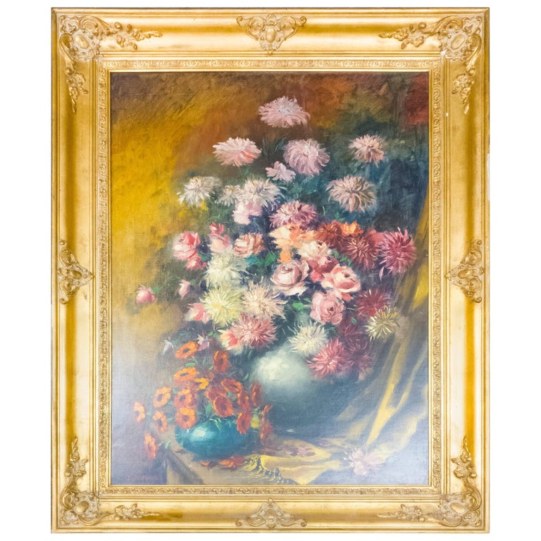 Still Life with Flowers Oil on Canvas Painting Artist E. Debroux For Sale