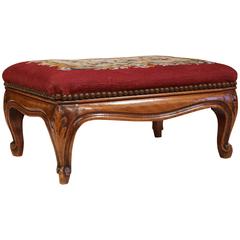 19th Century French Louis XV Walnut Footstool with Needlepoint Tapestry