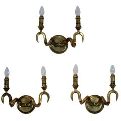 Vintage Set of Three Brass Kullmann Ram’s Head Wall Sconces