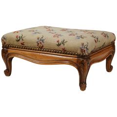 Antique 19th Century French Louis XV Walnut Footstool with Original Needlepoint Tapestry