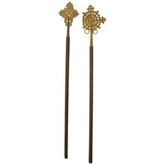 Pair of Ethiopian Coptic Crosses Mounted on Wooden Staffs