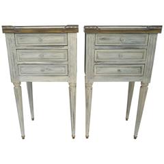 Pair of Louis XVI Style Bedside Chest Painted Grey with Brass Gadroon and Marble
