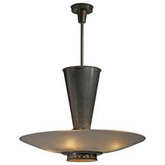 Large Dutch 1920s Chandelier, Nickel-Plated Copper and White Glass Shade