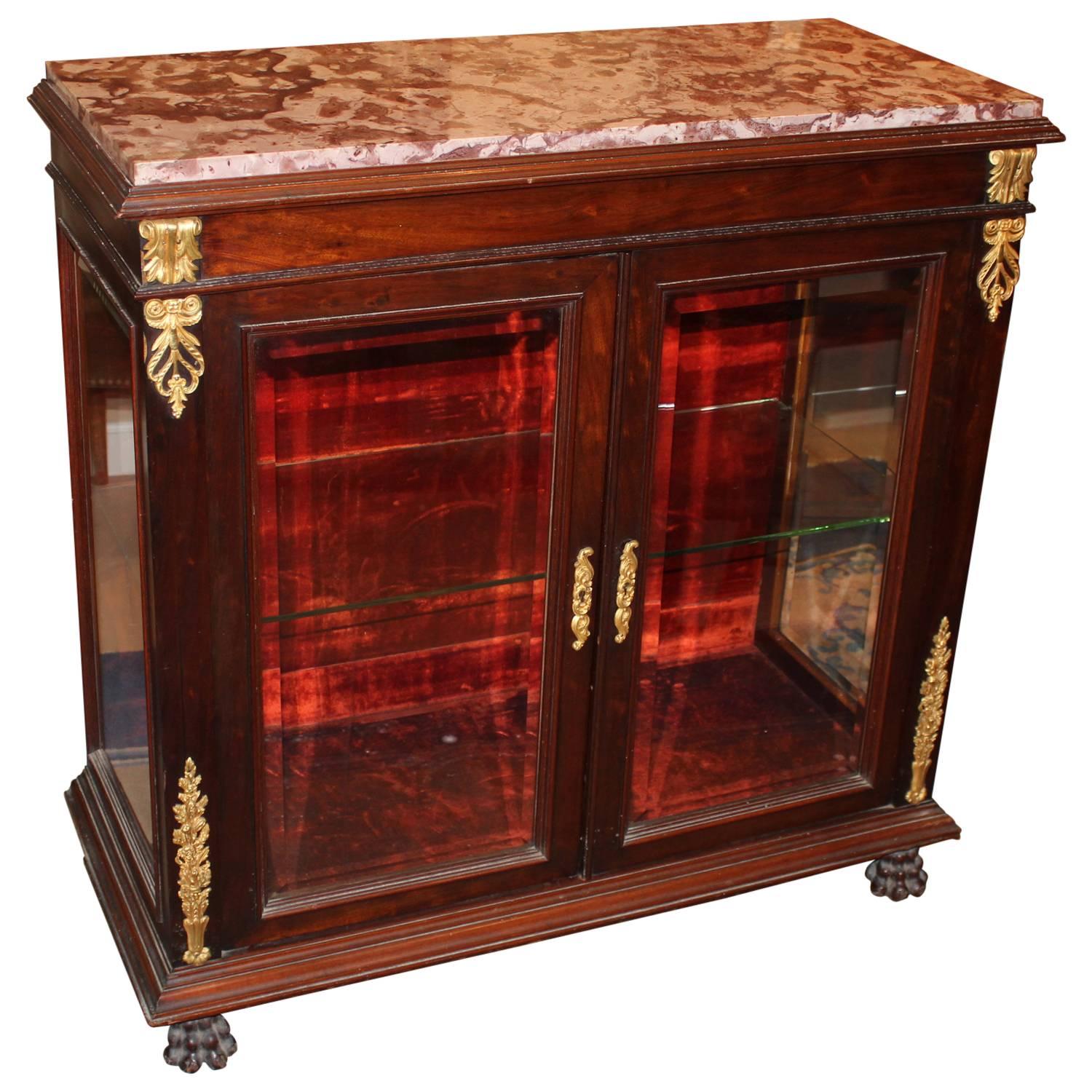 French Empire Style Curio Cabinet or Vitrine with Rouge Marble Top