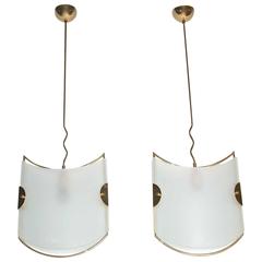 Pair of Italian Glass Brass Pendants Ceiling Lights 3