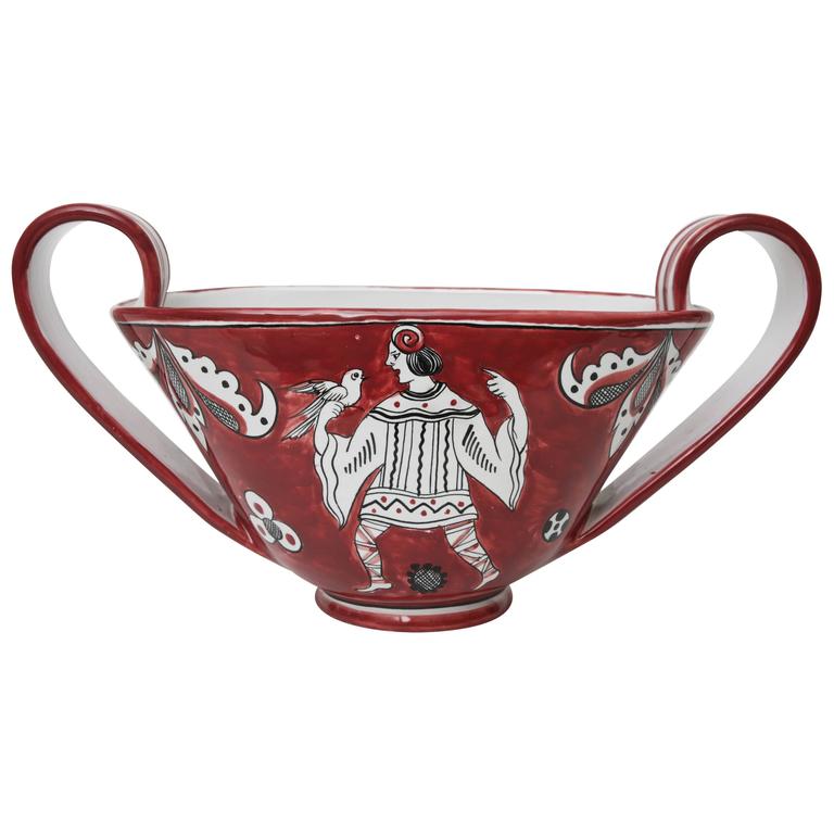 Italian MidCentury Glazed Ceramic Handled Bowl, Vessel Sculpture For