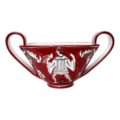 Retro Signed Italian Glazed Red, White, Black Ceramic Jester And Birds, Bowl or Vessel