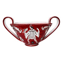 Signierte italienische Vintage glasierte Keramik Jester, Vögel, Schale, Gefäß, Rot, Schwarz