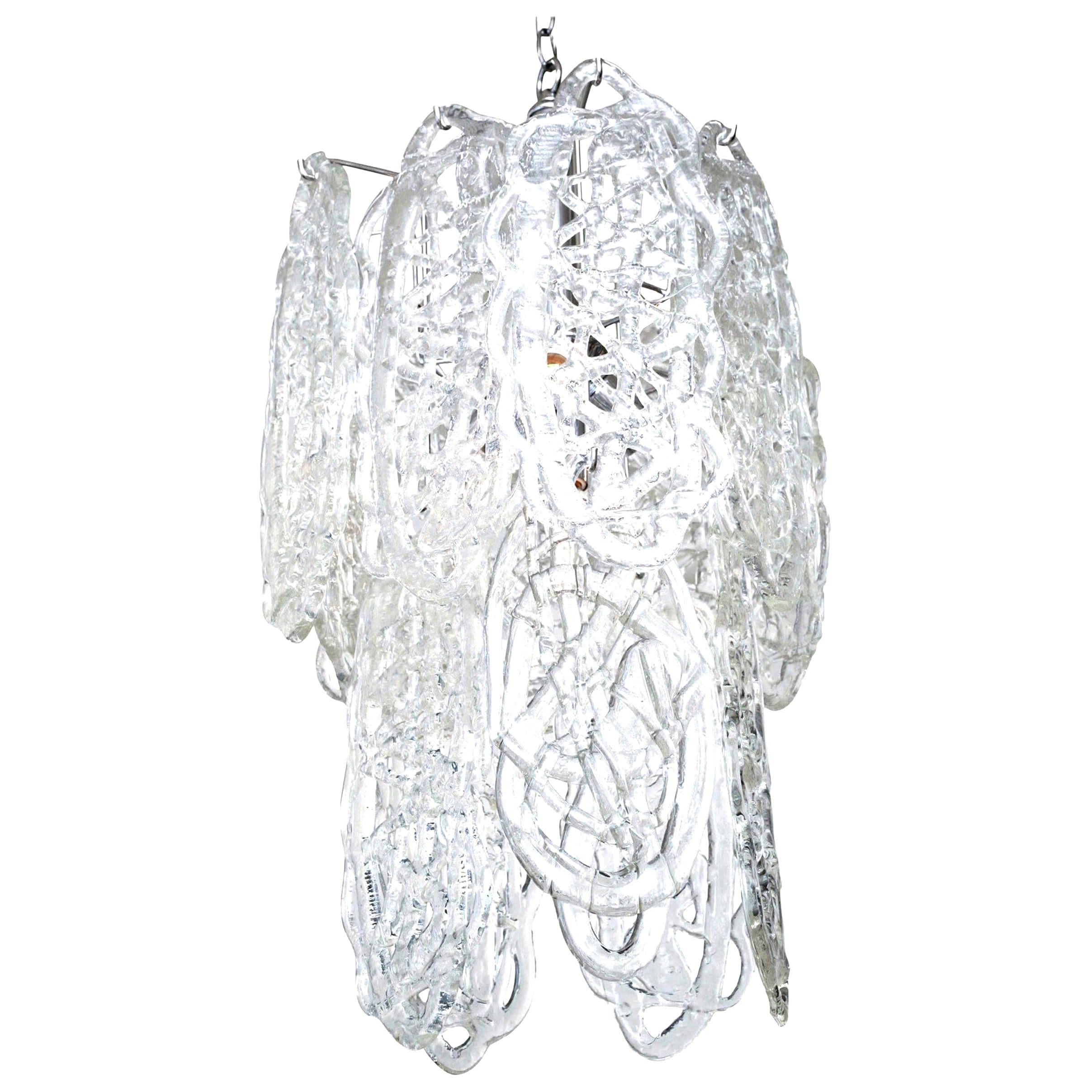 Vintage Mazzega Murano Criss Cross White Glass Spun Pendant Chandelier For Sale