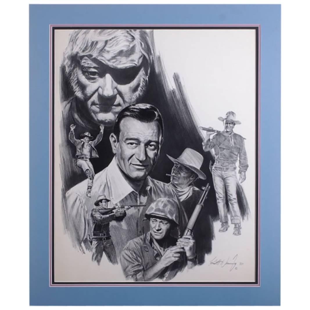 Kenneth Wenning Original Charcoal Drawing with Images of John Wayne