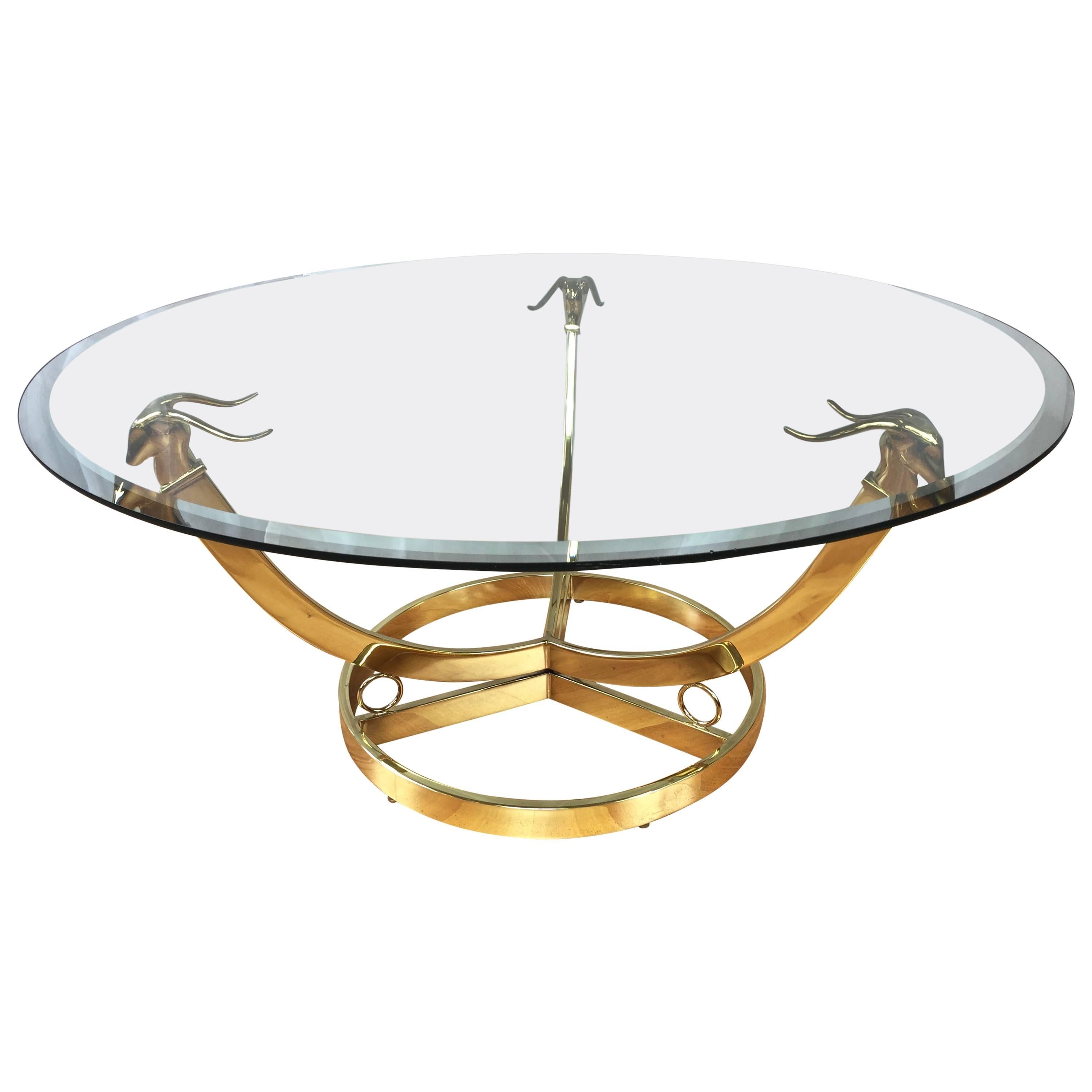Hollywood Regency Style Brass and Glass Gazelle Head Cocktail Table