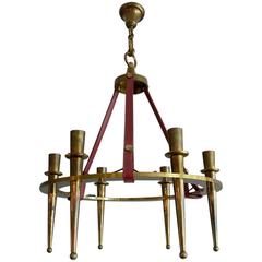 French Brass and Leather Chandelier Attributed to Hermes