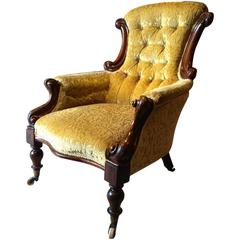 Antique Victorian Armchair Button Back Mahogany 19th Century Gold