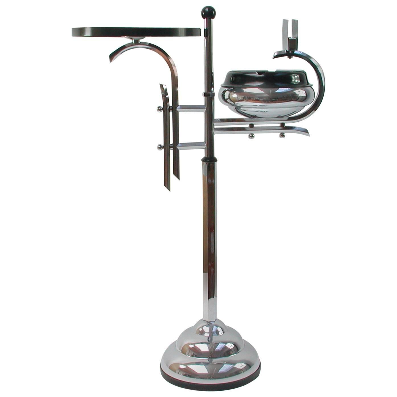 French Art Deco Chrome Bakelite Smokers Stand Floor Ashtray, 1930s