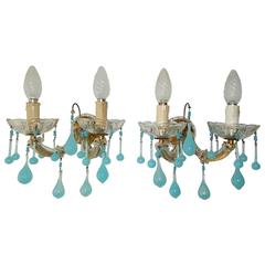 French Aqua Blue Opaline Drops and Beads Sconces
