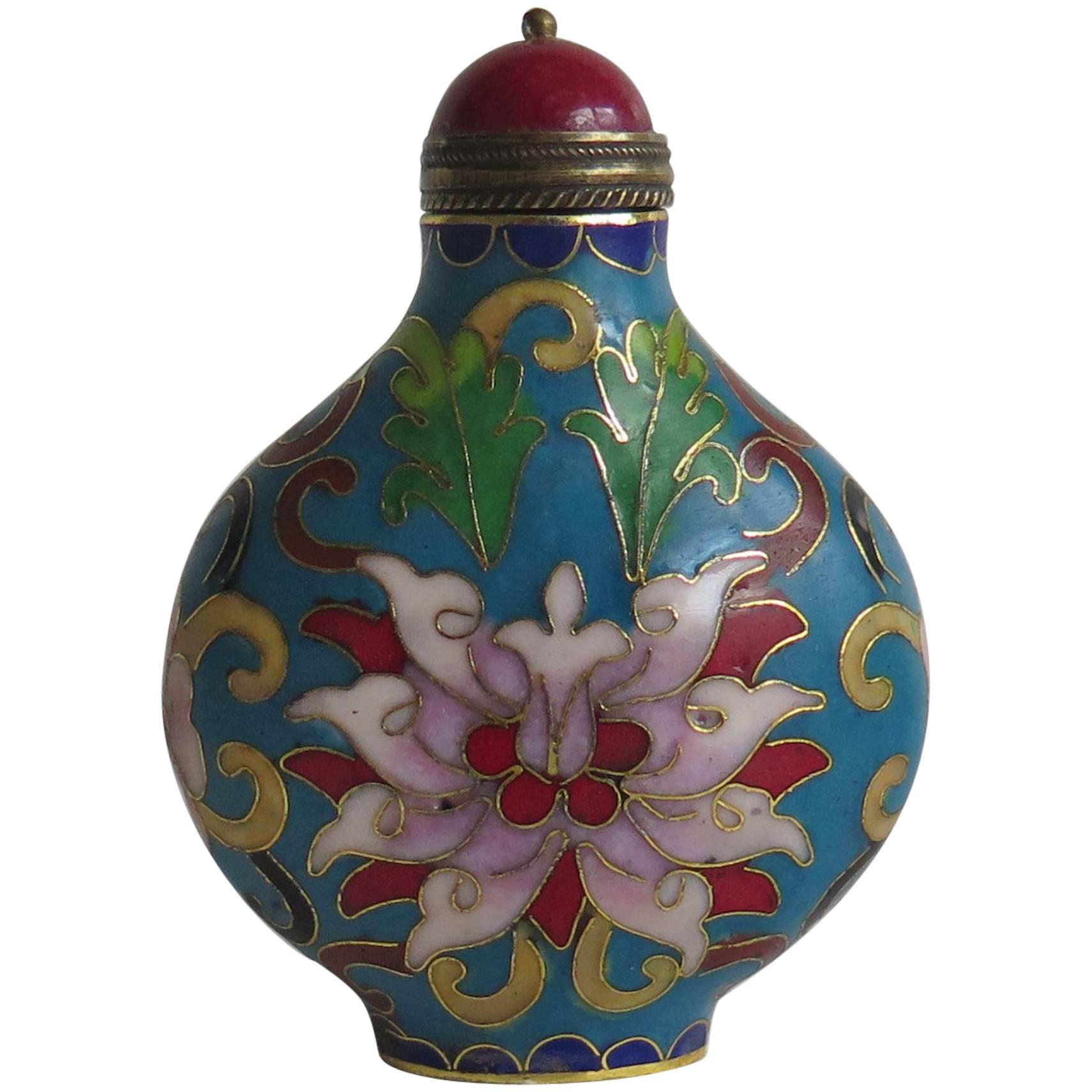 Chinese Snuff Bottle Hand Enameled Cloisonne with Red Stone Stopper, circa 1930