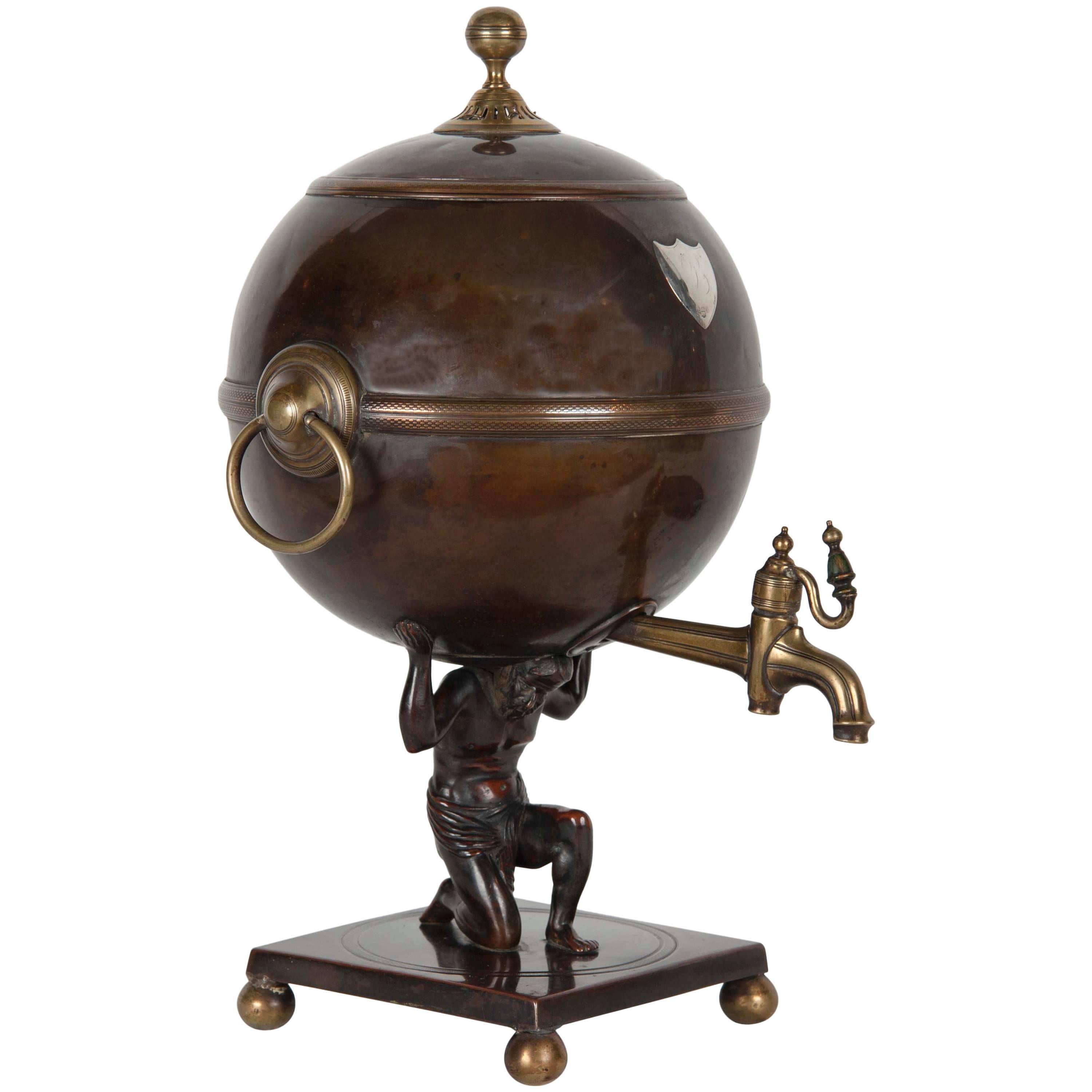 Patinated Metal and Brass Samovar Depicting Atlas