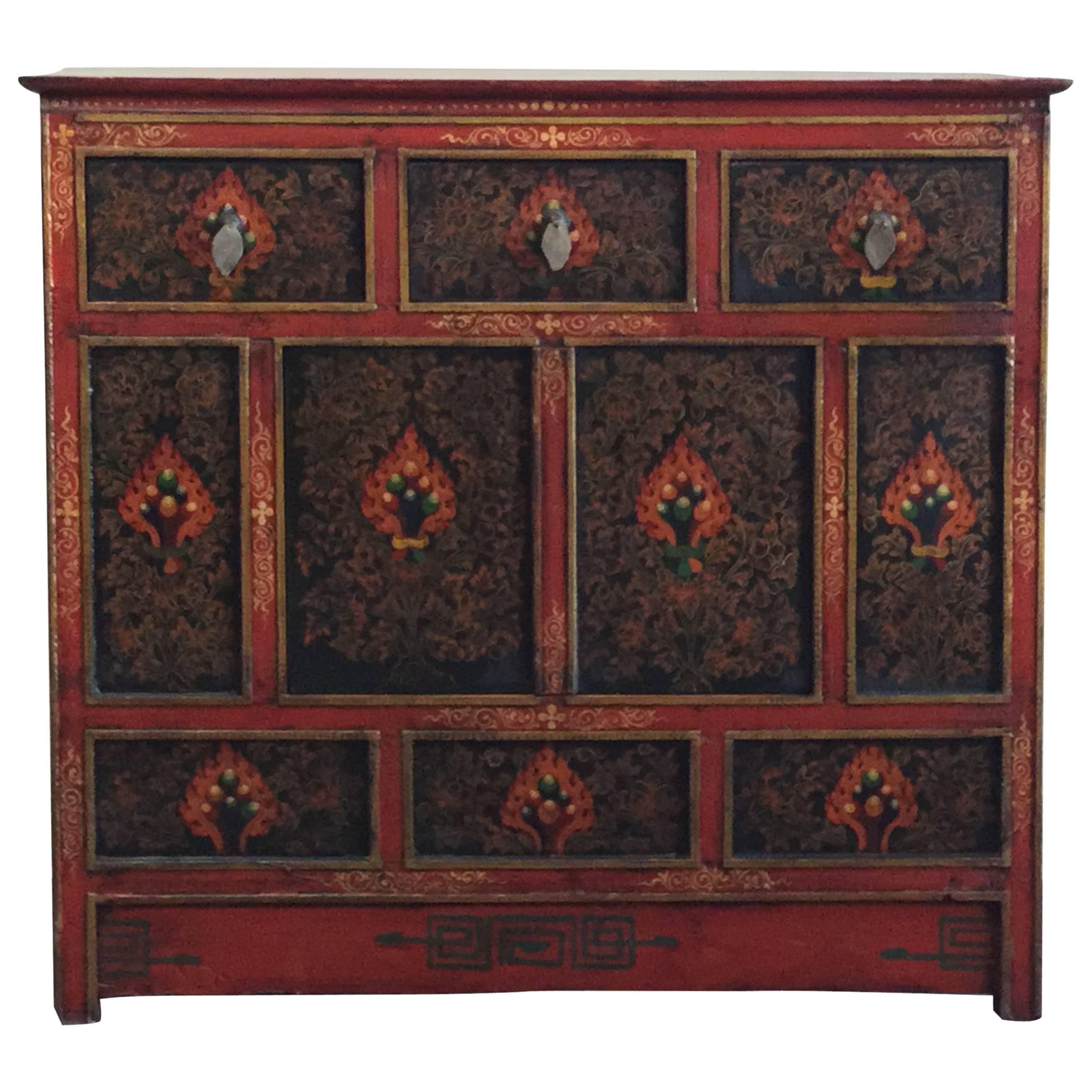 Tibetan Polychrome Cabinet with Drawers