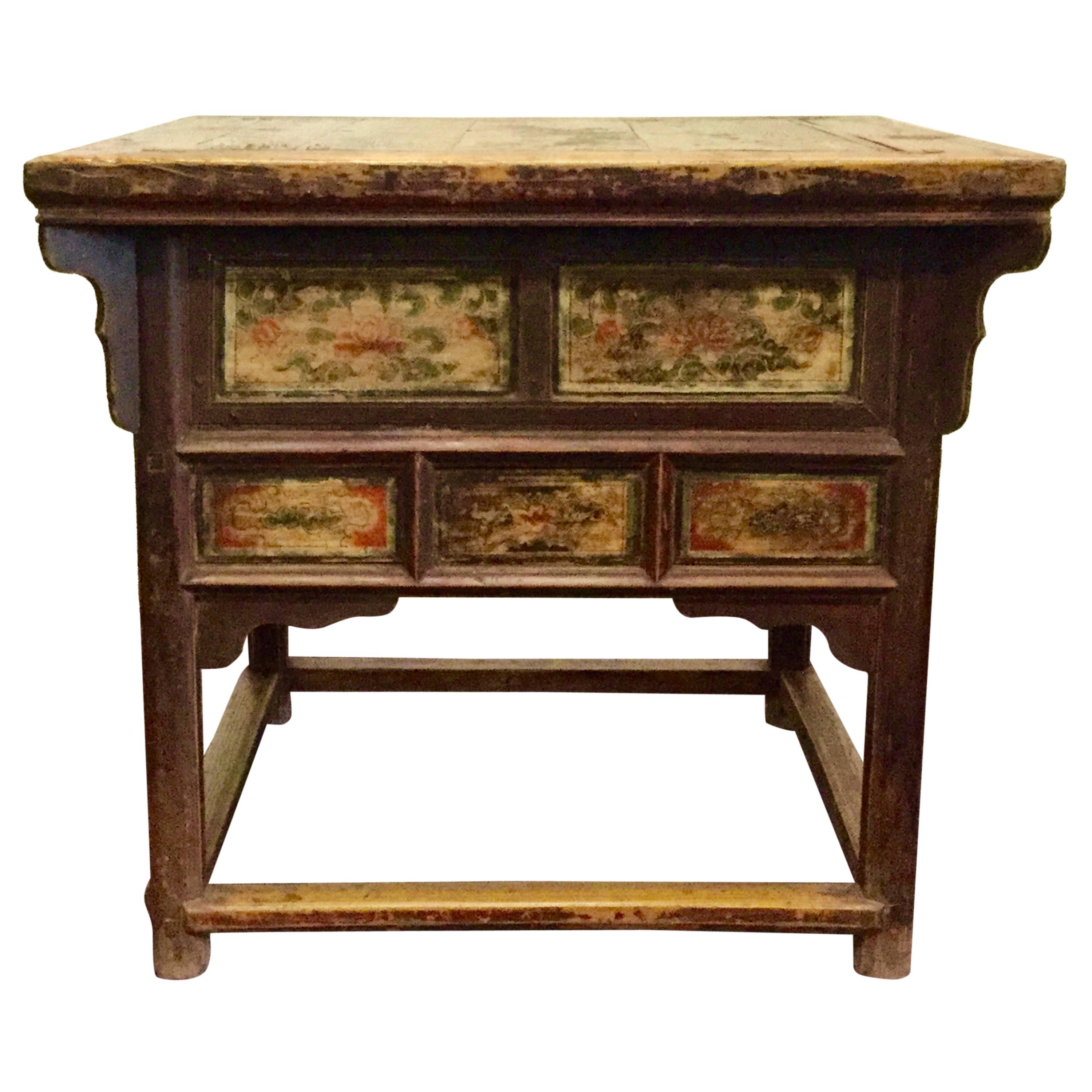 19th Century Chinese Square Kitchen Table, Walnut, Hand-Painted, Lotus Motif For Sale