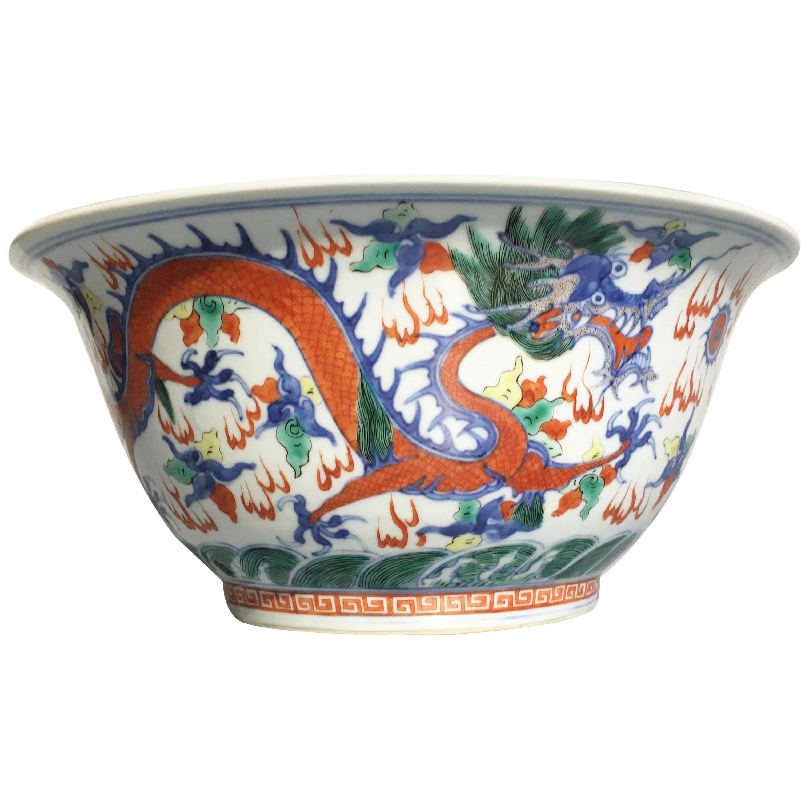 Large Chinese Qing Dynasty Wucai Porcelain Dragon Bowl, 19th Century
