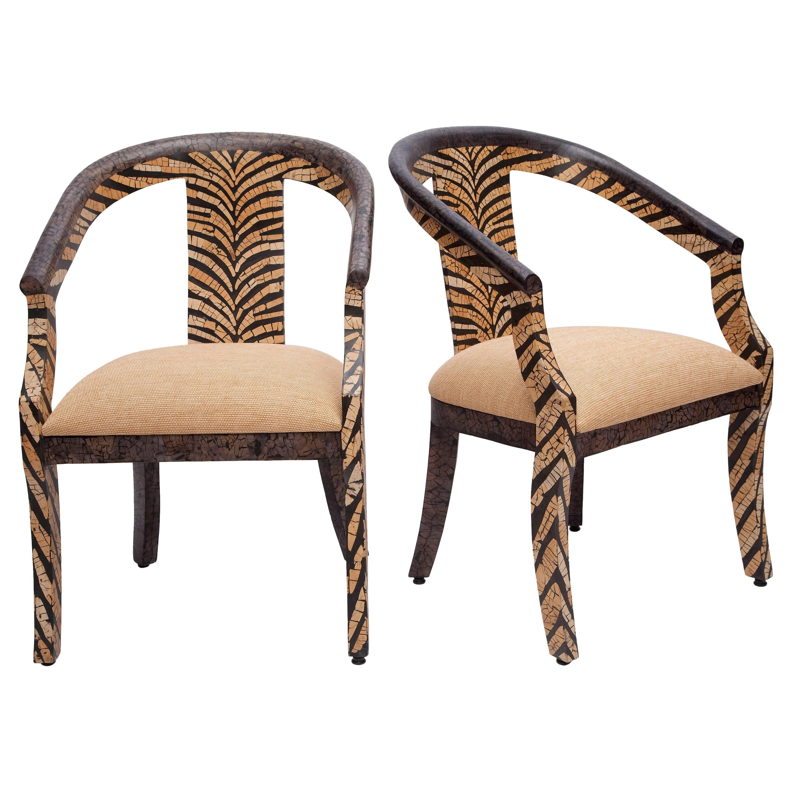 Pair of Tiger-Striped Armchairs in Coconut Shell Inlay