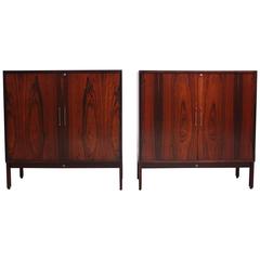 Retro Pair of 'SB' Danish Bookmatched Rosewood and Mahogany Cabinets