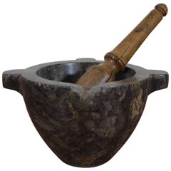 Antique French Marble Mortar with Wooden Pestle, Mid-19th Century