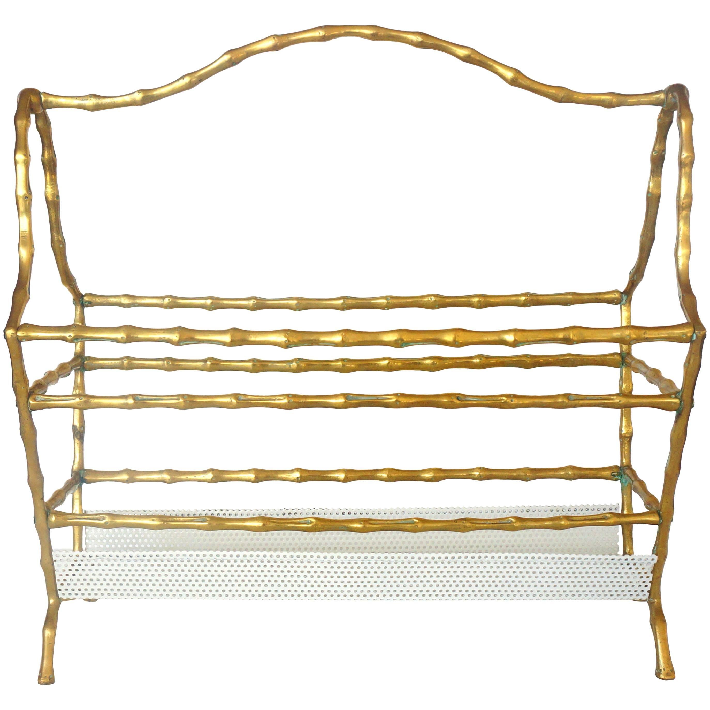 Hollywood-Regency Style, Faux-Bamboo Magazine Stand, Bronze and Enameled Metal